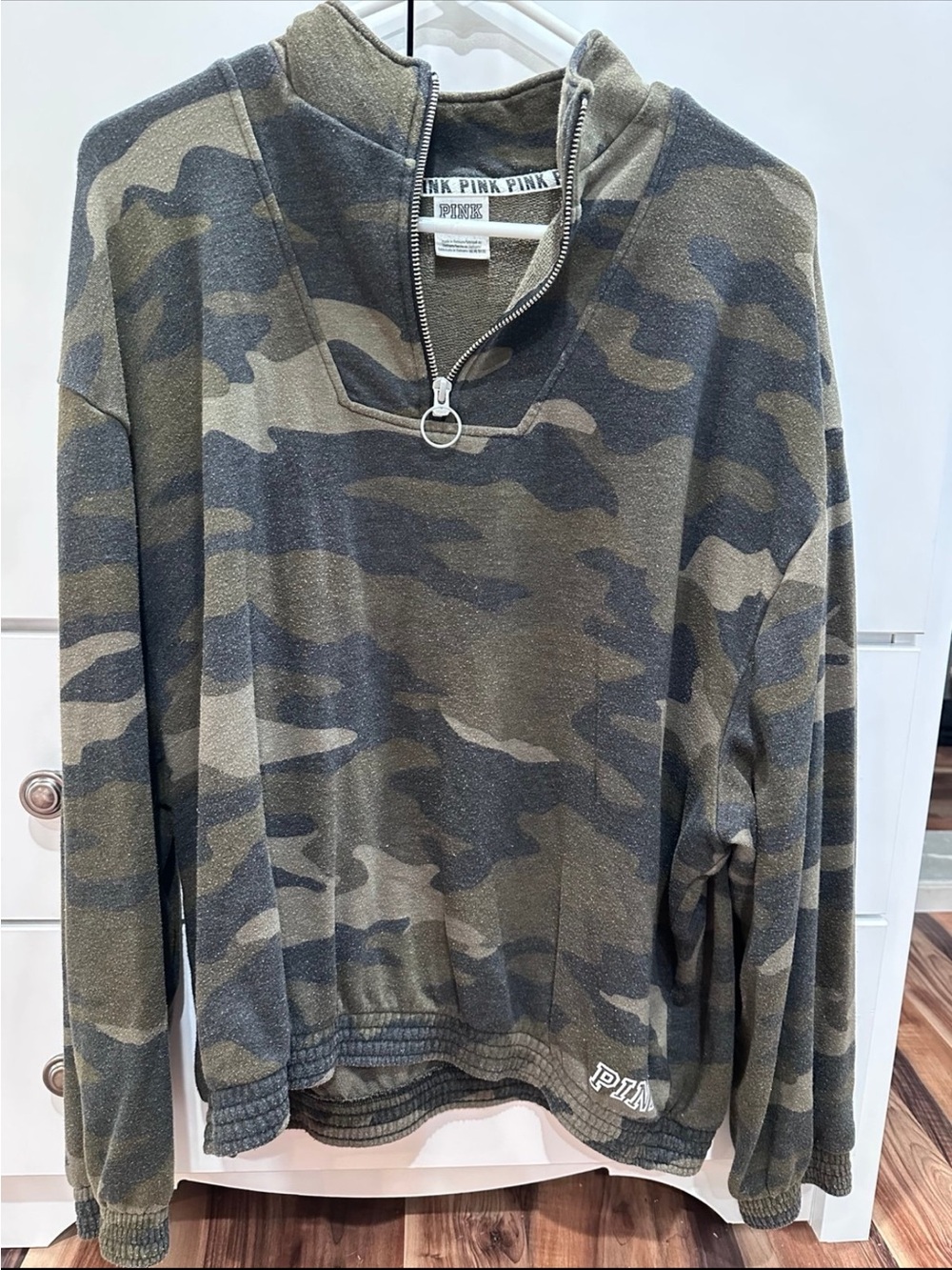 PINK Victoria's Secret Olive & Dark Gray Camo Quarter-Zip Pullover